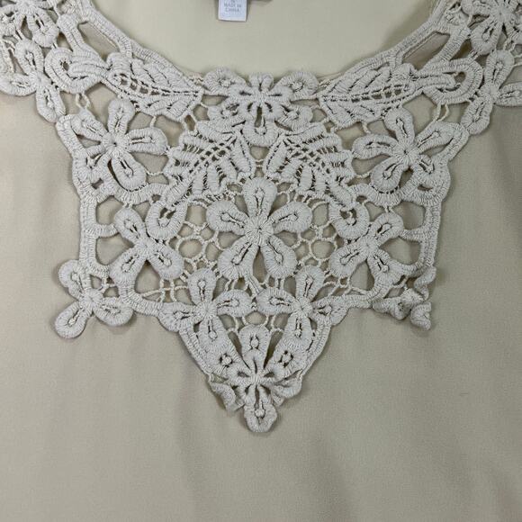 Charming Charlie Beige Semi Sheer Chiffon Crochet Lace Trimmed Blouse Top Small - Picture 4 of 12